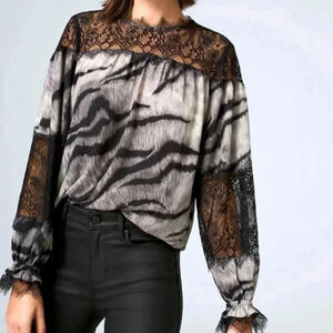 {White House Black Market} Black Grey Lace Trim Zebra Print Blouse- XS